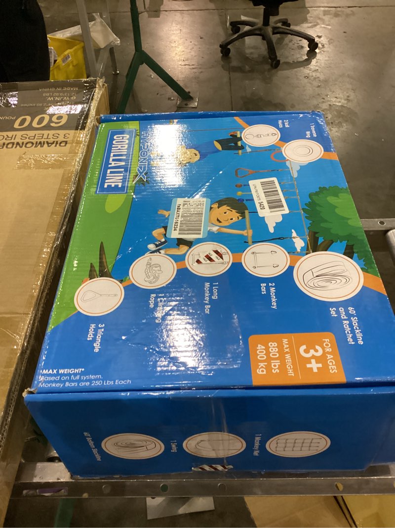 Condition photo showing As Is for Hyponix Ninja Obstacle Course for Kids – 2 x 60 ft Slacklines with 13 Weatherproof Obstacles – Monke