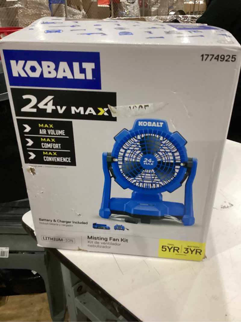 Condition photo showing New/Like New for  kobalt 7-in high velocity indoor/outdoor misting floor fan, battery powered, in blue