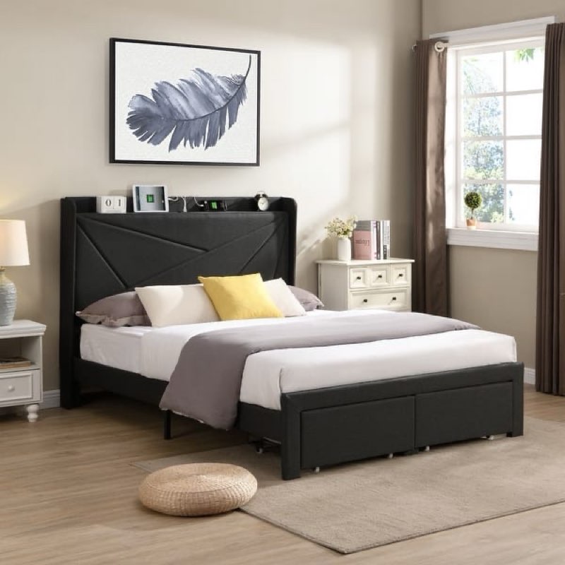 Queen Size Bed Frame with 2 Storage Drawers