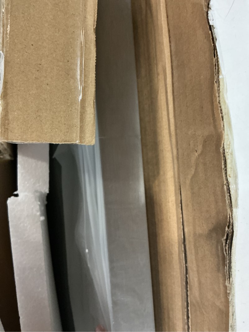 Condition photo showing New/Like New for loaao 30x30 inch brushed nickel bathroom mirror, rounded rectangle silver metal frame mirror, brushed nickel, anti-rust, shatter proof, hangs horizontally or vertically brushed nickel 30"l x 30"w