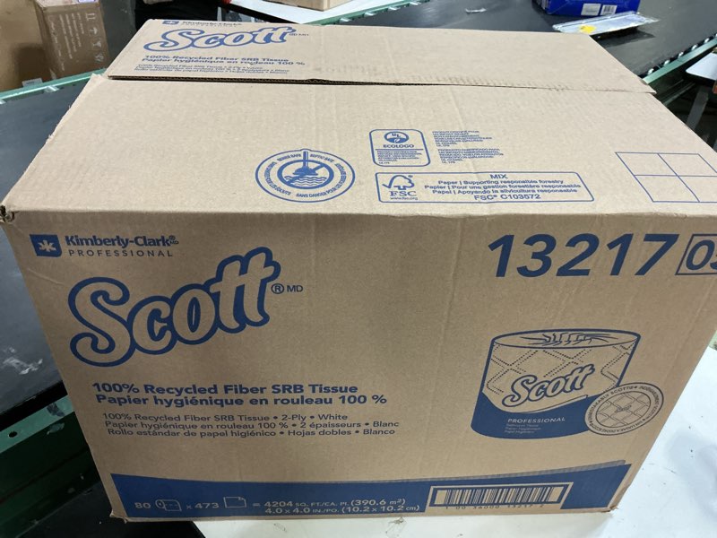 Condition photo showing New/Like New for scott professional 100% recycled fiber standard roll bulk toilet paper (13217), 2-ply, elevated design, white, individually wrapped (80 rolls of 473 sheets, 37,840 sheet total)