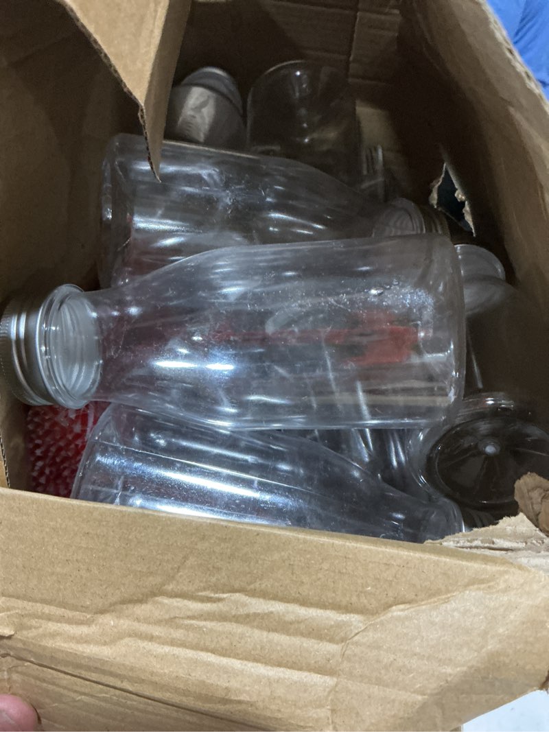 Condition photo showing As Is for irenare 40 sets plastic small milk bottles with straws and metal lids clear plastic bottle for dairy milk party bottle for milk juices shakes smoothies, 40 bottles and 40 straws (silver,8 oz) 8 oz silver