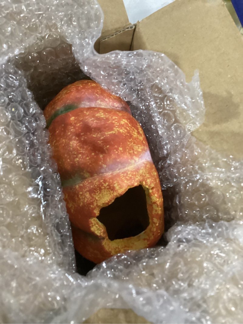Condition photo showing As Is for pumpkin resin reptile hideouts, crested gecko hide featuring multiple openings. reptiles tank accessories terrarium decor& aquariums decor orange-medium