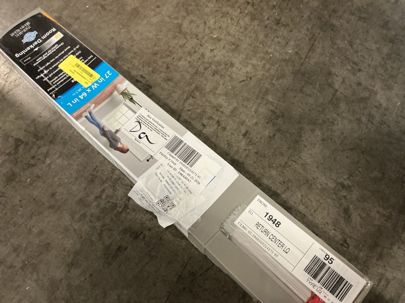 Condition photo showing As Is for (demagned )mainstays 1\" cordless room darkening vinyl blinds, white, 27\" width x 64\" length