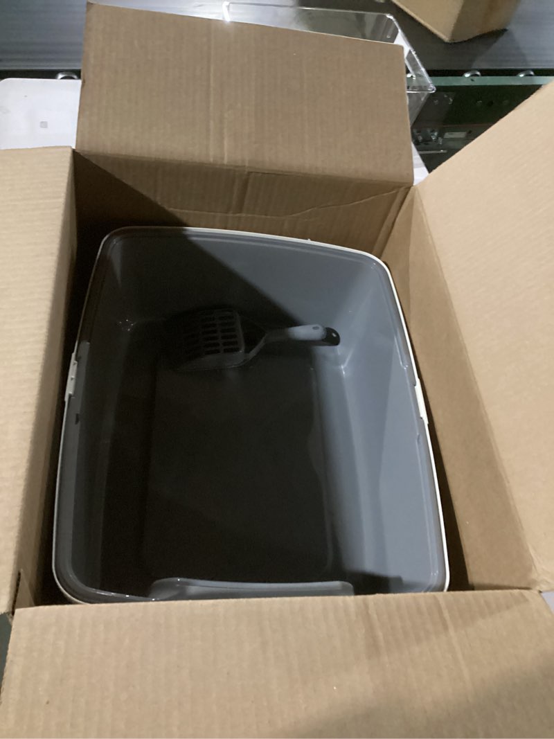 Condition photo showing Good Condition for Amazon Basics Large Cat Litter Box with High Sides, Open Top, Includes Scoop, 19 x 15 x 11.75 inches, Grey/Beige Grey/Beige Open Top