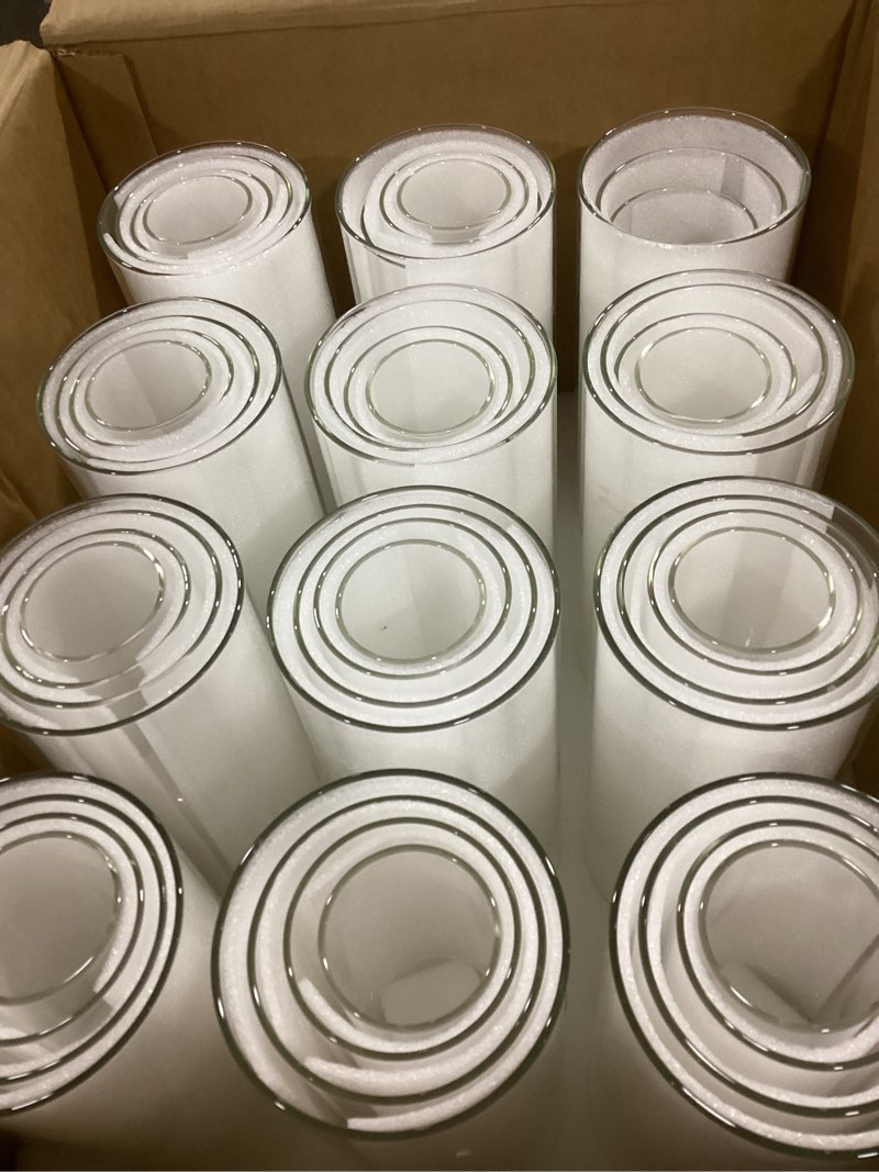 Condition photo showing Good Condition for 48-Pack Clear Glass Cylinder Vases, 4 Sizes (4/6/8/10 Inch) - Hurricane Floating Candle Holders & Flower Vases for Wedding, Table Centerpiece, Home Décor 48 Pack ( 4,6,8,10 inch )