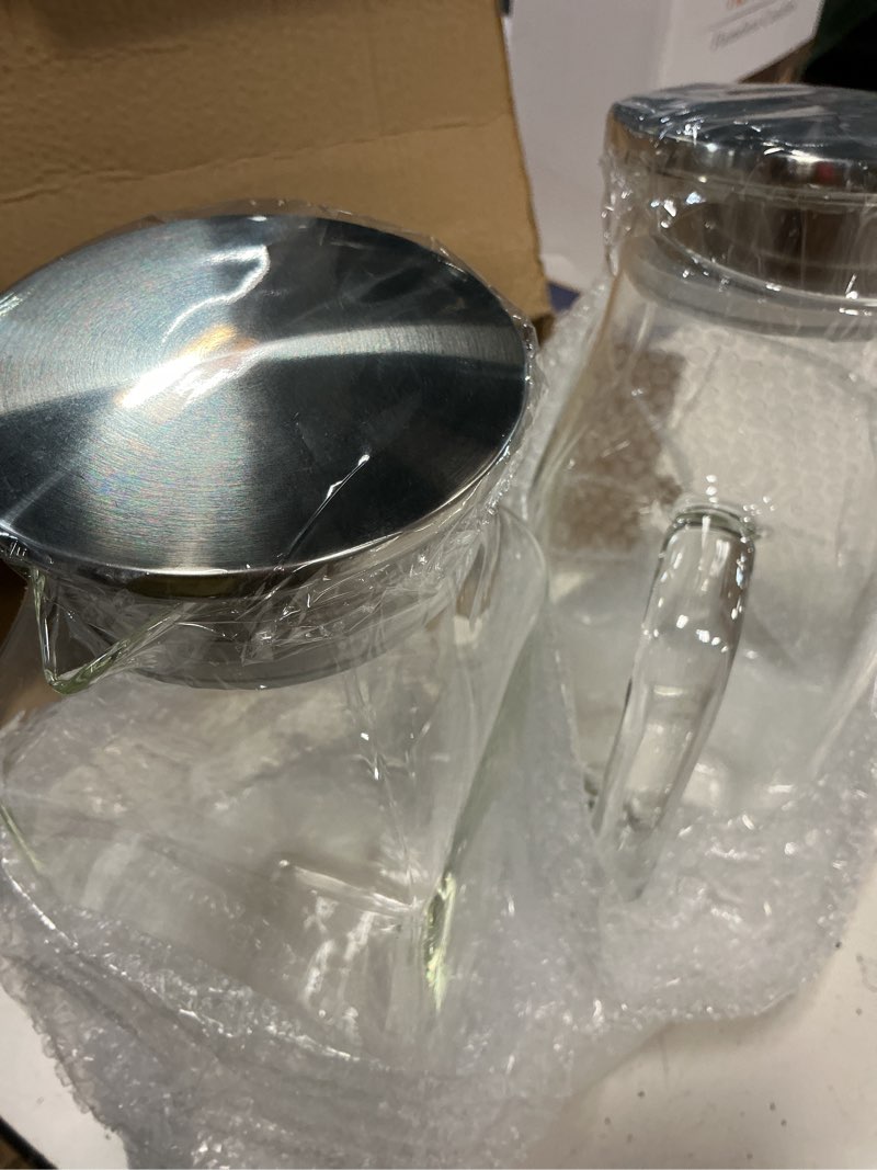 Condition photo showing Good Condition for 2 pack 2 liters/68 oz square glass pitcher with lid and handle, glass carafe for hot/cold water, large iced tea pitcher for coffee, juice
