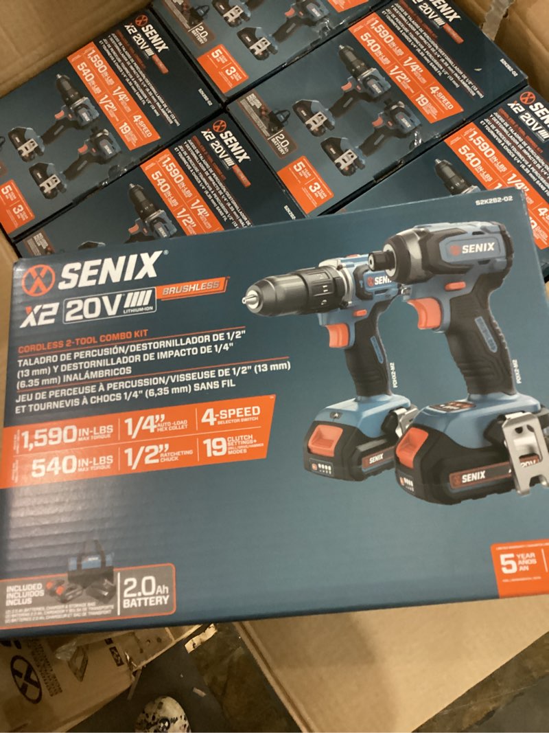 Condition photo showing New/Like New for senix x2 20-volt 2-tool brushless power tool combo kit with soft case (2-batteries included and charger included)