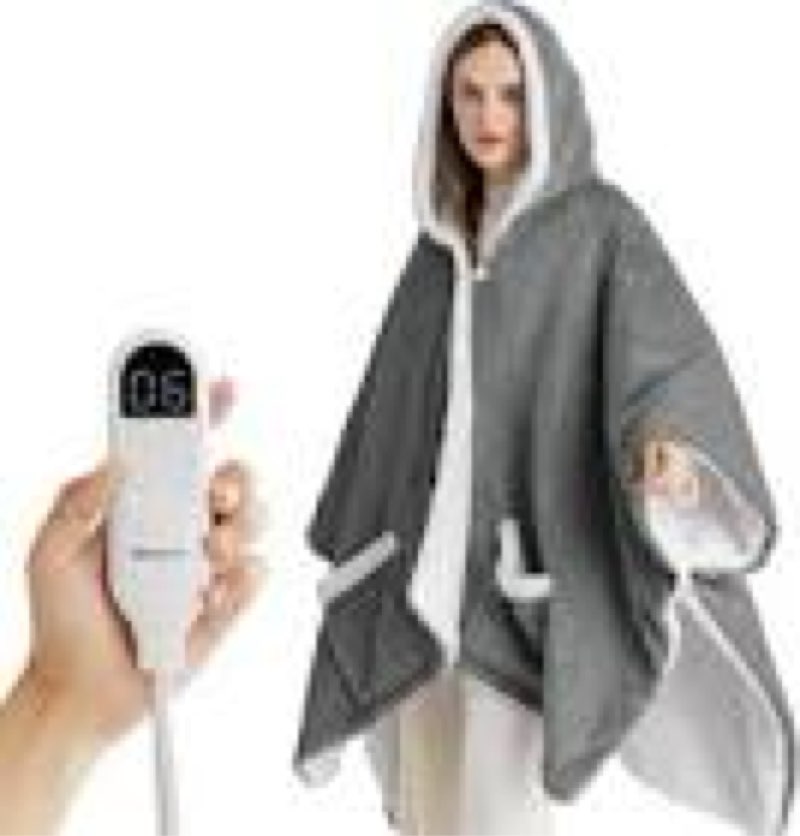 wearable heated throw blanket, heated shawl electric wrap poncho with hood & pockets for women & men