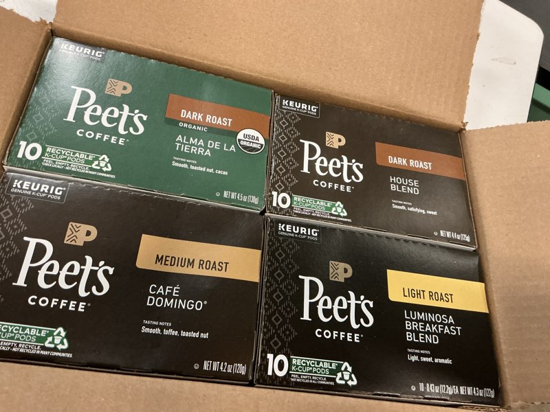 Condition photo showing New/Like New for  (BBD :13/JUN/2025 )) Peet's Coffee, Keurig K-Cup Pods Variety Pack - Luminosa Breakfast Blend, Café Domingo, Organic Alma De La Tierra, House Blend, 40 Count (4 Boxes of 10 Pods) Variety Pack 10 Count (Pack of 4)