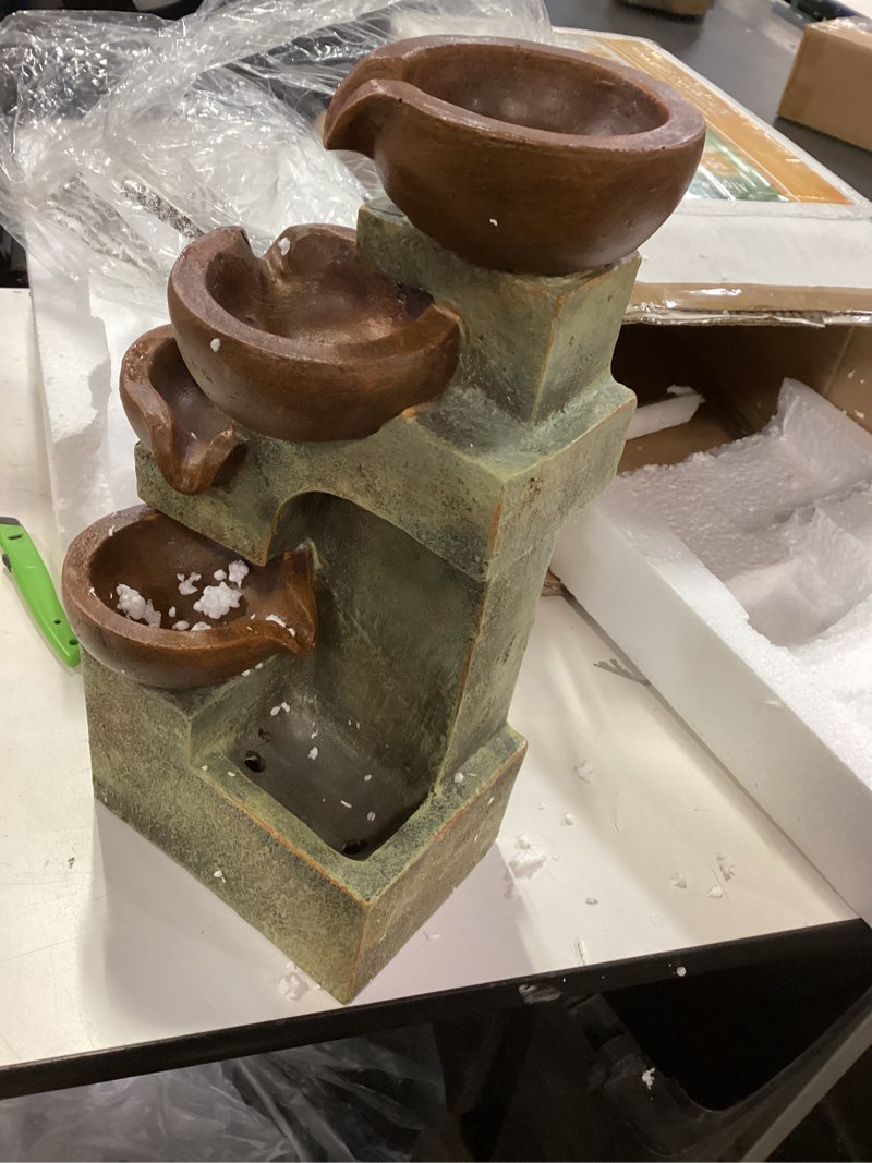 Condition photo showing As Is for Alpine Corporation WCT726 Indoor/Outdoor Tabletop Tiered Pouring Pots Waterfall Fountain with Natural Stone Look