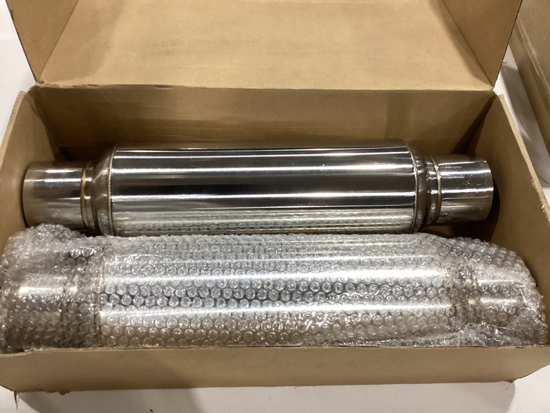 Condition photo showing Good Condition for a-karck 2.5" inlet resonator, exhaust resonator muffler stainless steel polished 2.5" inlet 2.5" outlet 16" overall length straight through design 2 pack 2.5" inlet/outlet 16" long - polished - 2 pack