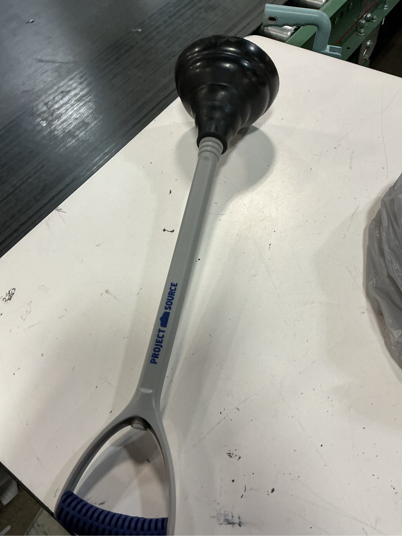 Condition photo showing As Is for project source 5.75-in gray rubber plunger with storage caddy included 18-in handle