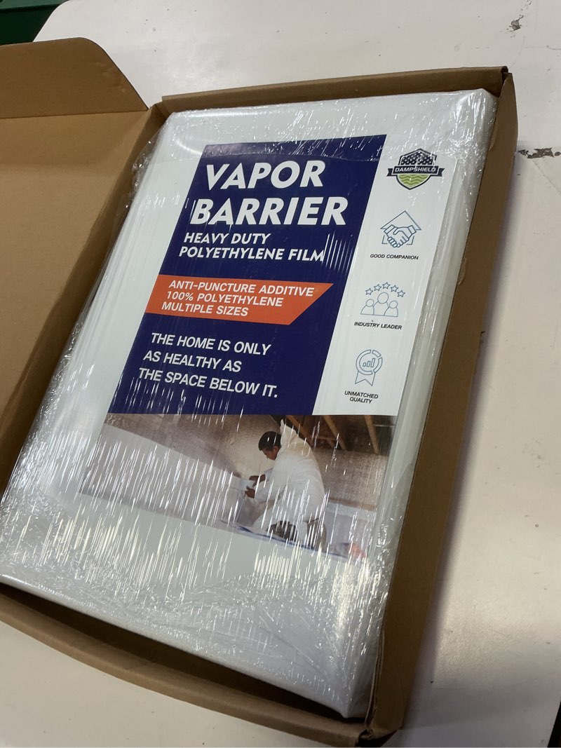 Condition photo showing New/Like New for crawl space vapor barrier, 14 mil 10'x10', heavy duty vapor barrier plastic, thick plastic sheeting, black and white panda film, drop cloth vapor barrier covering for crawlspace encapsulation 14mil 10'x10'