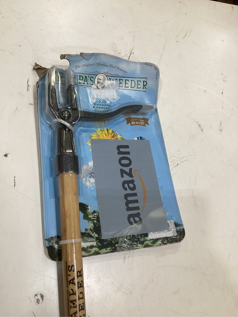 Condition photo showing New/Like New for grampa's weeder - the original stand up weed puller tool with long handle - made with real bamboo & 4-claw steel head design - easily remove weeds without bending, pulling, or kneeling.