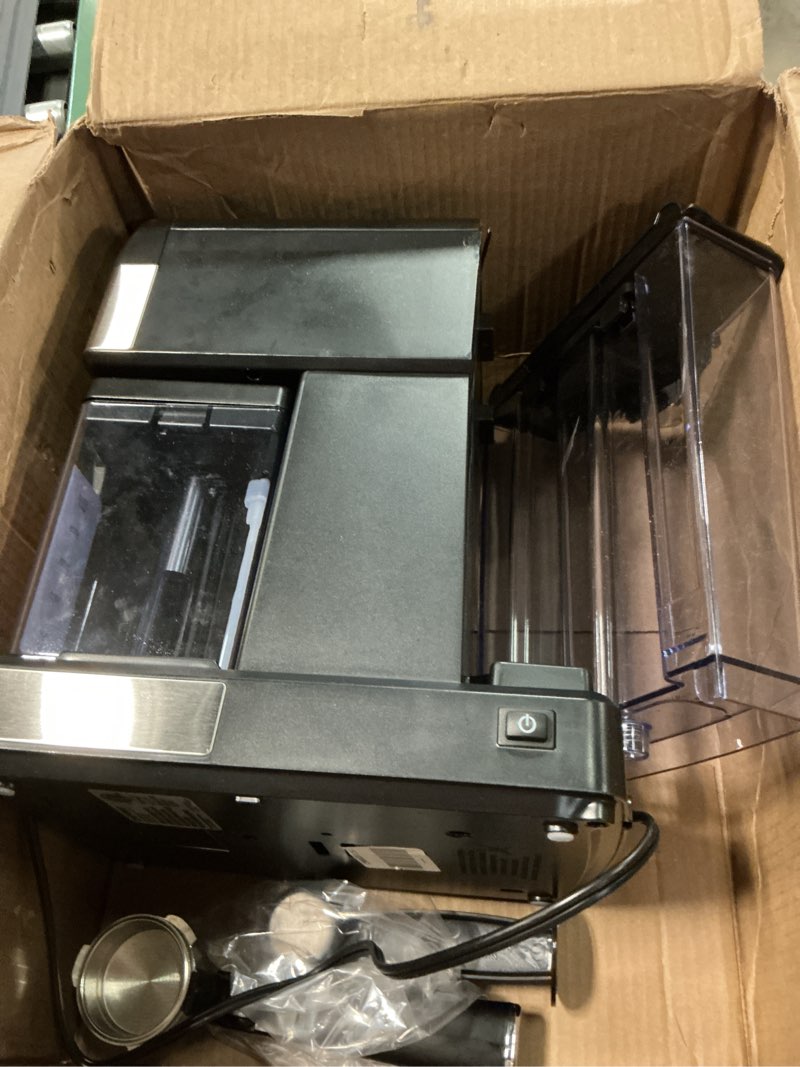Condition photo showing As Is for chefman cafémaster pro espresso machine, brew single or double shots, coffee maker with built-in milk frother for cappuccino & latte, xl 1.8 liter removable water reservoir - stainless steel automatic