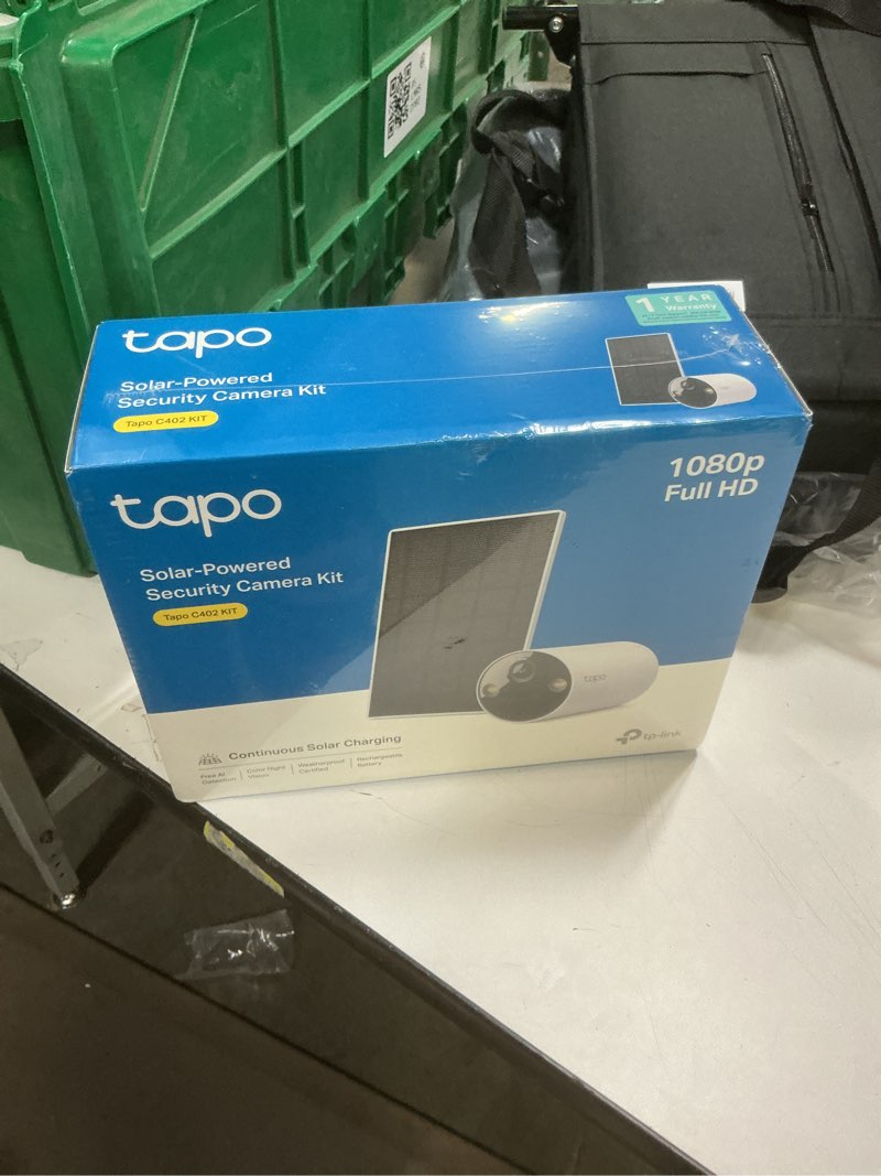 Condition photo showing New/Like New for Tapo SolarCam 1080p Outdoor Wireless Security Camera - Battery Power with Solar, Person Detection, Subscription-Free Local Storage or Optional Cloud, Works with Alexa & Google Assistant, C402 KIT White 1080p SolarCam 1080p