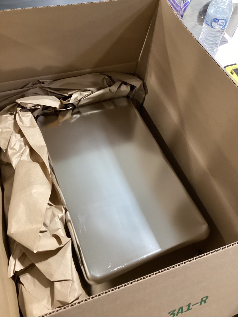 Condition photo showing As Is for stainless steel sifting litter box, 23.6" l x 15.7" w x 8" h semi-enclosed metal cat litter box with sifting pan, scoop for big cat easy cleaning silver sifting pan stripe