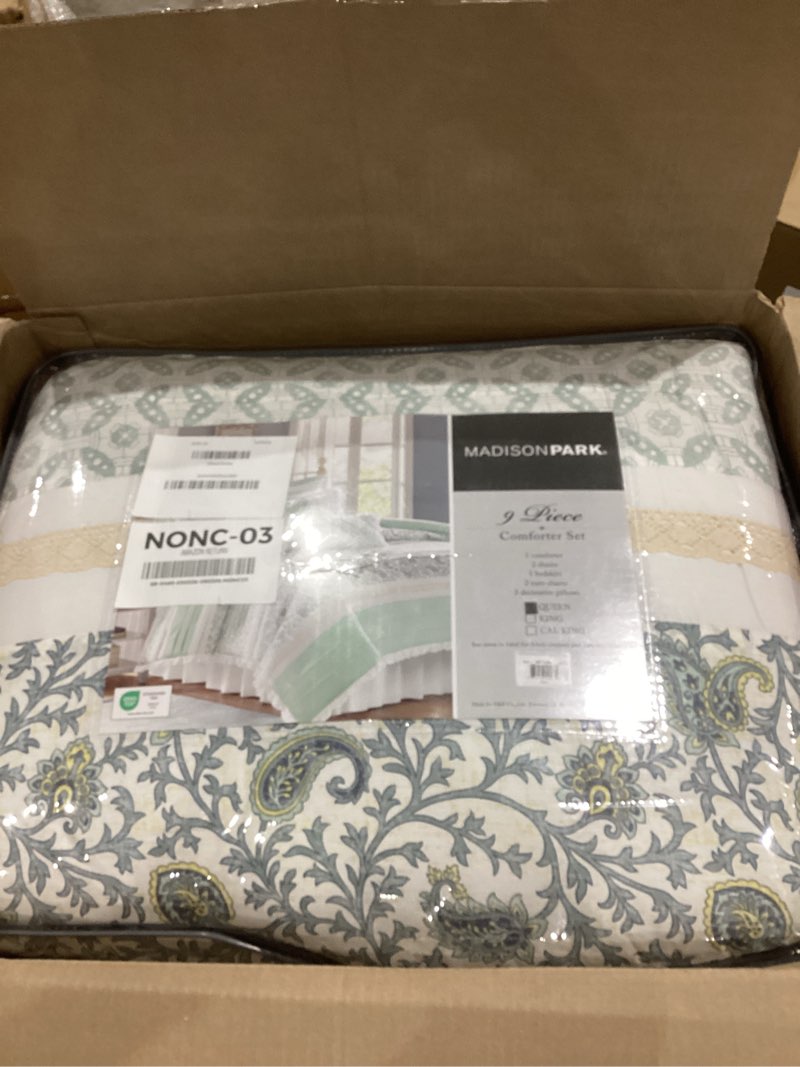 Condition photo showing Good Condition for madison park dawn 100% cotton shabby chic comforter set-modern cottage design all season down alternative bedding, matching shams, bedskirt, decorative pillows, queen(90"x90"), aqua 9 piece , aqua queen