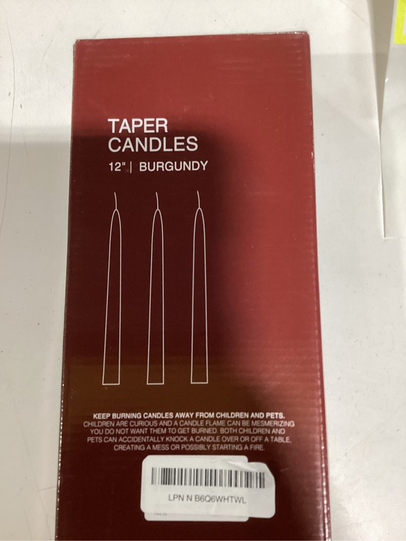 Condition photo showing New/Like New for 14 pack dark red taper candles 12 inch tall 3/4 inch thick burn 10 hours (burgundy) 12"14pcs-burgundy
