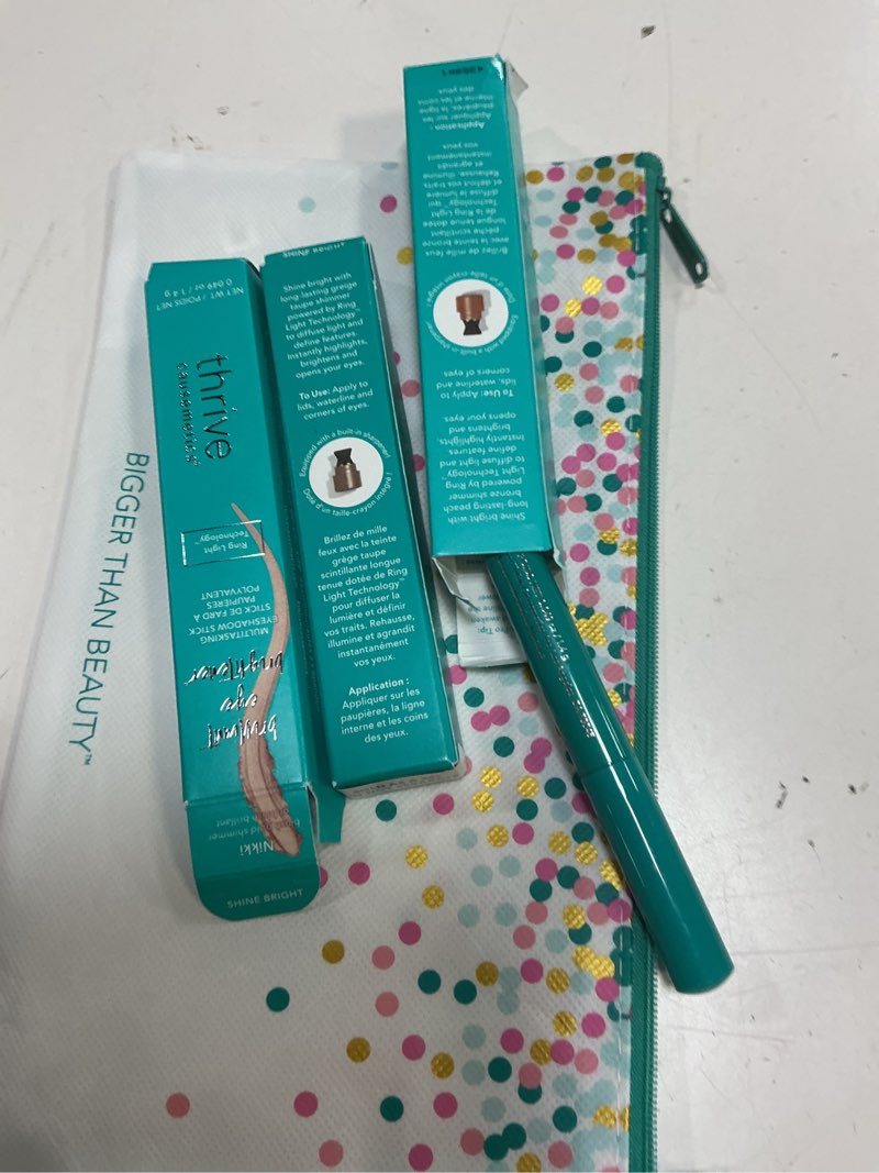 Condition photo showing Good Condition for thrive causemetics brilliant eye brightener eyeshadow stick bundle for blue eyes, 3 shades, waterproof & crease proof cream to powder long lasting formula, 3 shadow sticks & confetti makeup bag blue eye enhancing