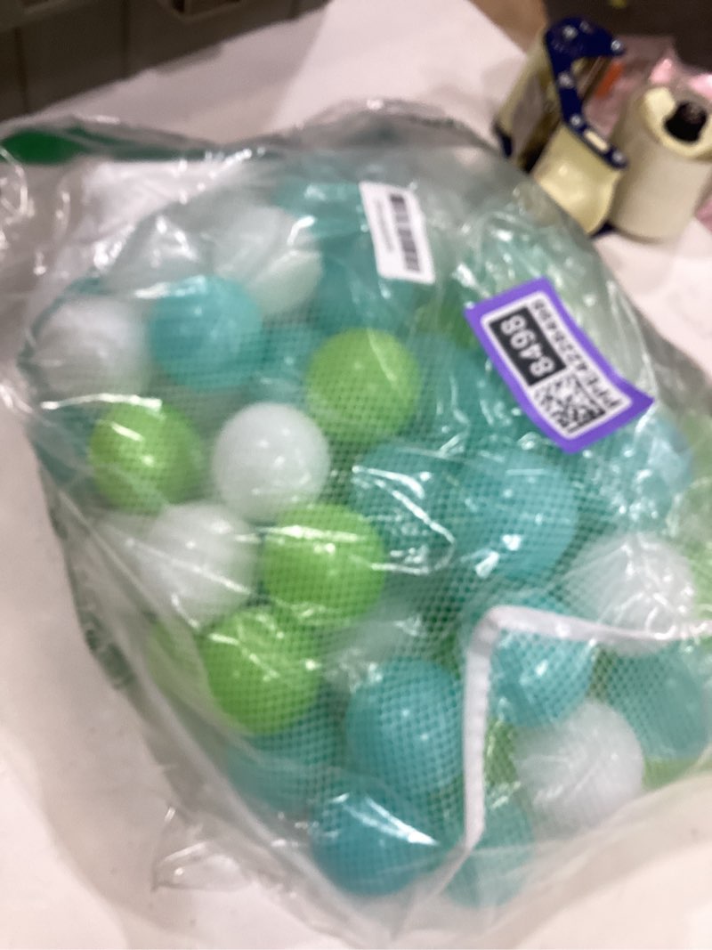 Condition photo showing New/Like New for GOGOSO Ball Pit Balls for Toddlers, Green Balls for Ball Pool Birhtday Party Girls Kids with Storage Bag, 2.17inches 100pcs Green Sky Blue White 100pcs 100 balls