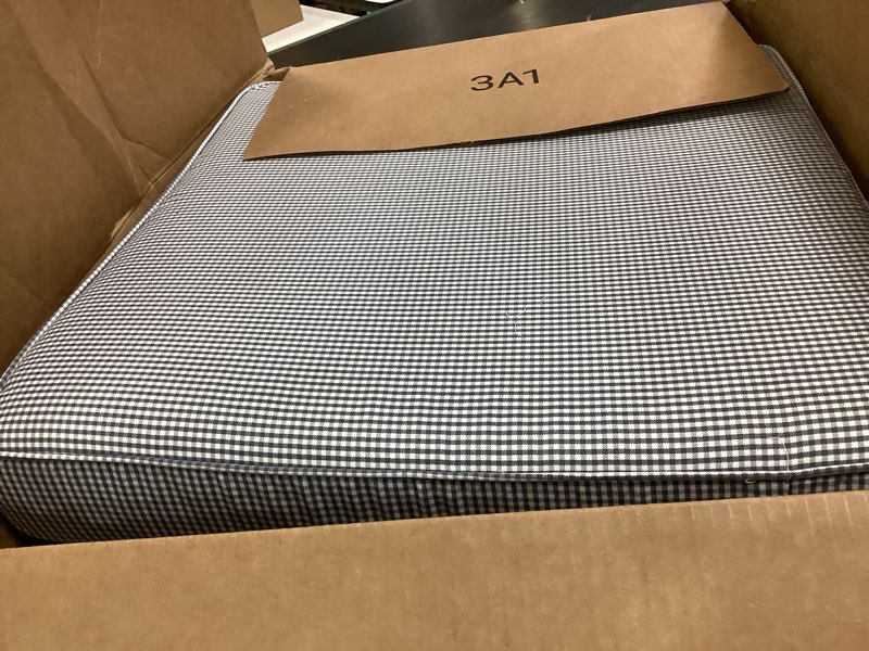 Condition photo showing Good Condition for ( incomplete) Outdoor Cushions for Patio Furniture Set of 2, 24\"x24\" Water Repellent Chair Cushions Removable Seat Bottom & Back Cushion Covers for Chair, Sofa, Couch, Black White Mini Check Black White Mini Check 24\"x24\"