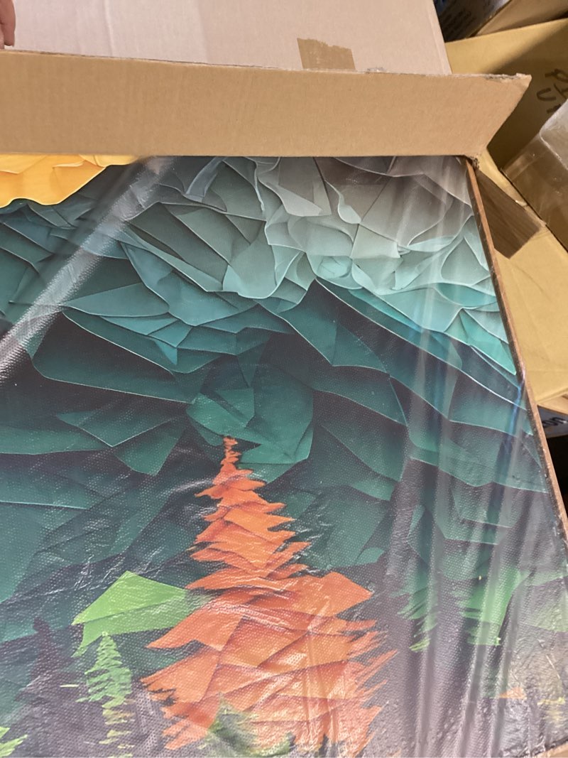 Condition photo showing New/Like New for abstract mountain framed canvas wall art set, forest pine tree golden sunset wall decor, mixed patchwork landscape art print for living room, bedroom, dining room, office - 24"x36"x3 woodcut mountain wall art 24"l x 36"w