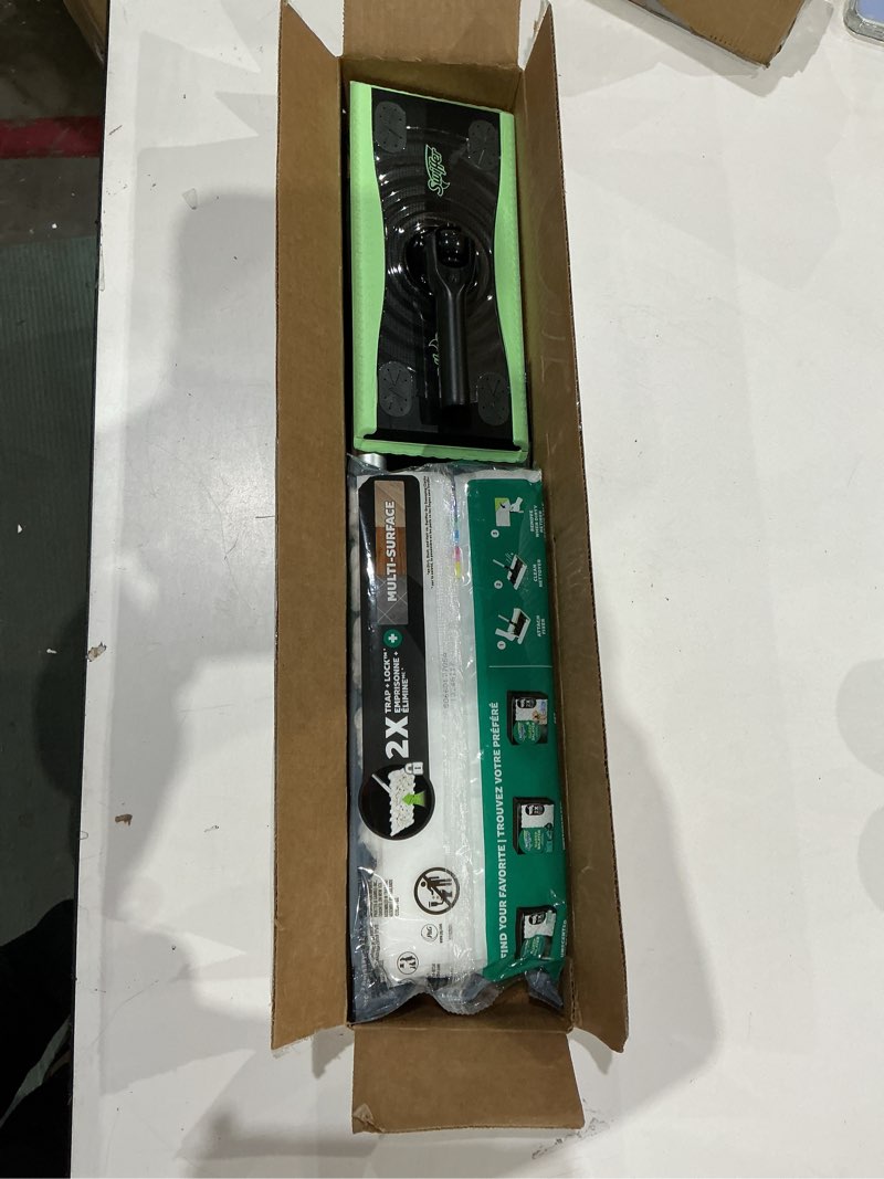 Condition photo showing Good Condition for swiffer sweep & mop deluxe 2-in-1 multi-surface kit for floor cleaning, includes 1 sweeper device, 5 dry sweeping + 6 wet mopping heavy duty cloths, black deluxe starter kit