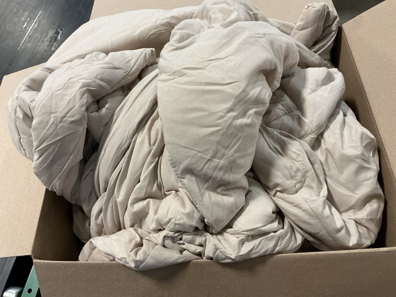 Condition photo showing As Is for oversized king size comforter set-7 pieces bed in a bag king bedding sets | monbix all-season vertical quilted comforter with sheets, pillow shams & pillowcases, beige apricot beige oversized king