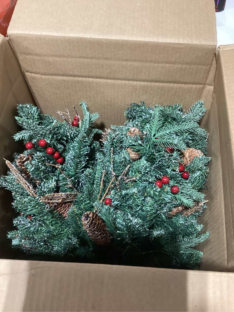 Condition photo showing As Is for 30 Inch Outdoor Prelit Christmas Tree 2 Pack, Battery Operated Flocked Snow Xmas Tree 100 LED Lights, for Entrances Tabletop Ornaments for Porch Driveway Yard Garden