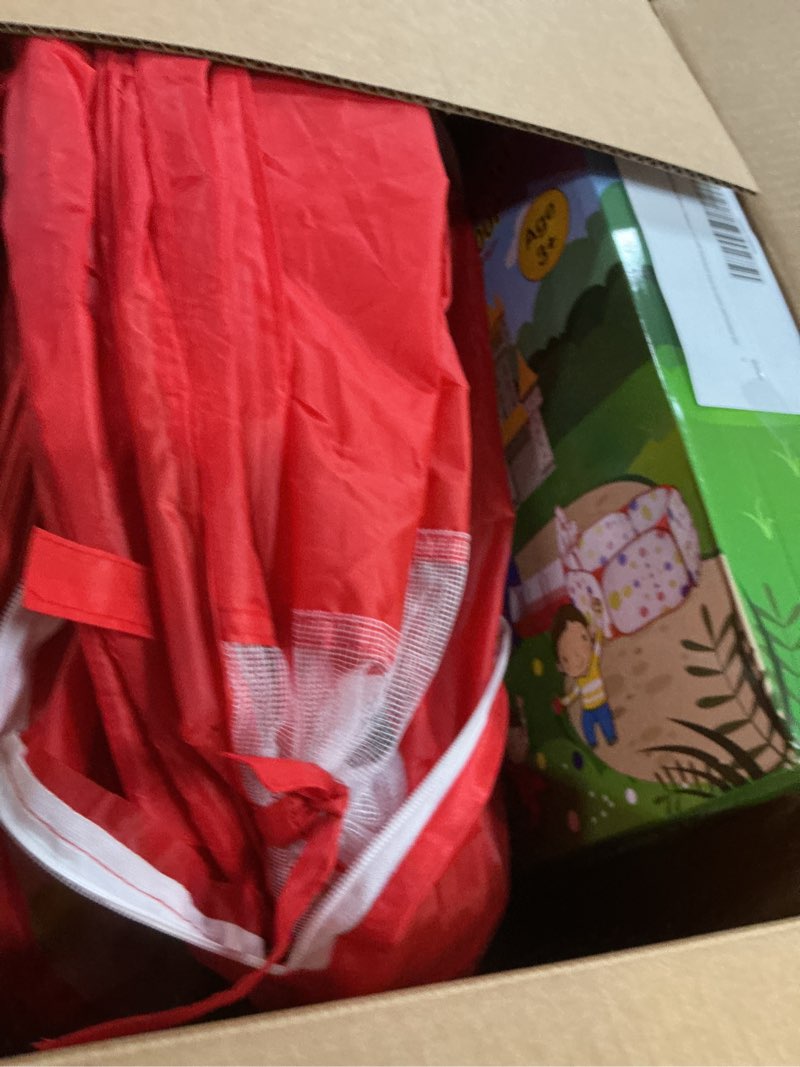 Condition photo showing As Is for playz 5-piece kids play tents crawl tunnels and ball pit popup bounce playhouse tent with basketball hoop for indoor and outdoor use with red carrying case