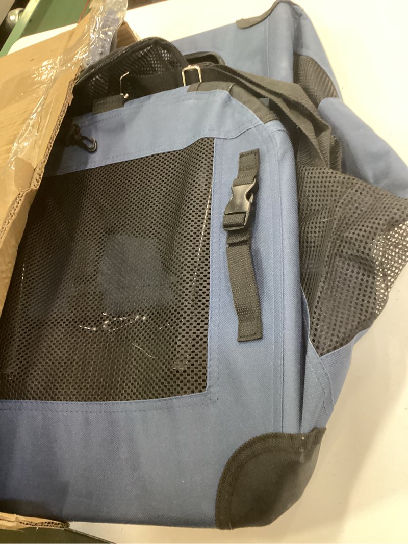 Condition photo showing As Is for extra large cat carrier soft sided, portable small dog carrier for 2 cats, 24"x16.5"x16" car travel folding comfortable design with bowl, blue