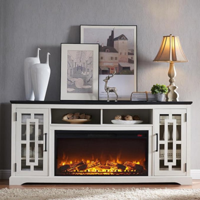 ((incomplete only fireplace ))Harishan Farmhouse TV Stand for TVs up to 80" with 36" Electric Fireplace Included, Wood Fireplace TV Stand with Adjustable Shelves