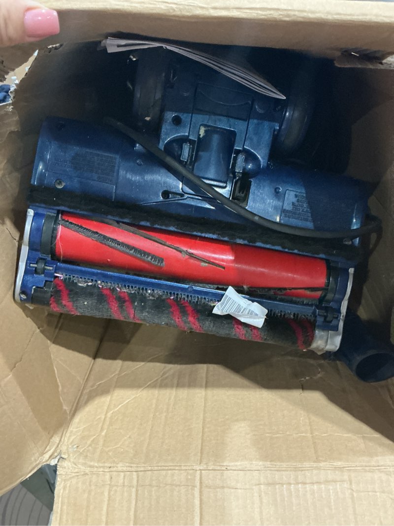 Condition photo showing As Is for shark upright vacuum, stratos with duoclean powerfins, hairpro, powered lift-away, self-cleaning brushroll, & odor neutralizer technology, navy, az3002