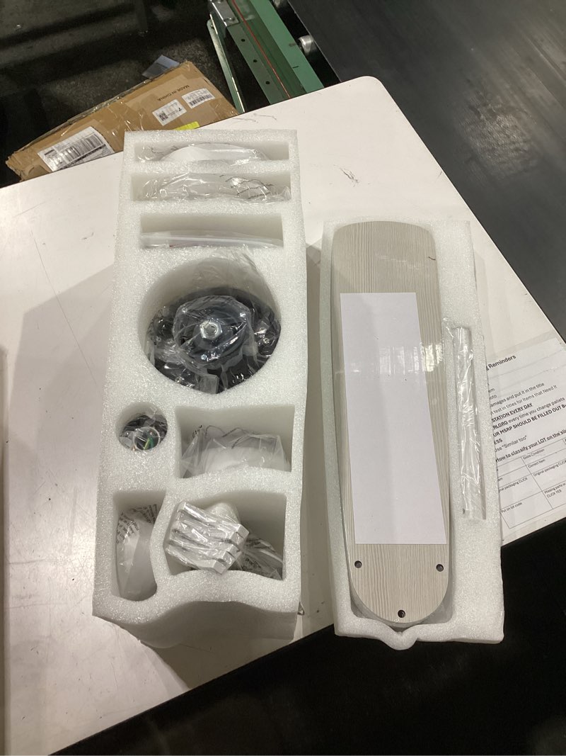 Condition photo showing New/Like New for ceiling fans with lights and remote, 52 inch modern ceiling fan with light, downrod & flush mount, quiet dc motor, dual finish 5 blades ceiling fan for bedroom living room farmhouse indoor white and lighter wood blades 52 inch ceiling fan