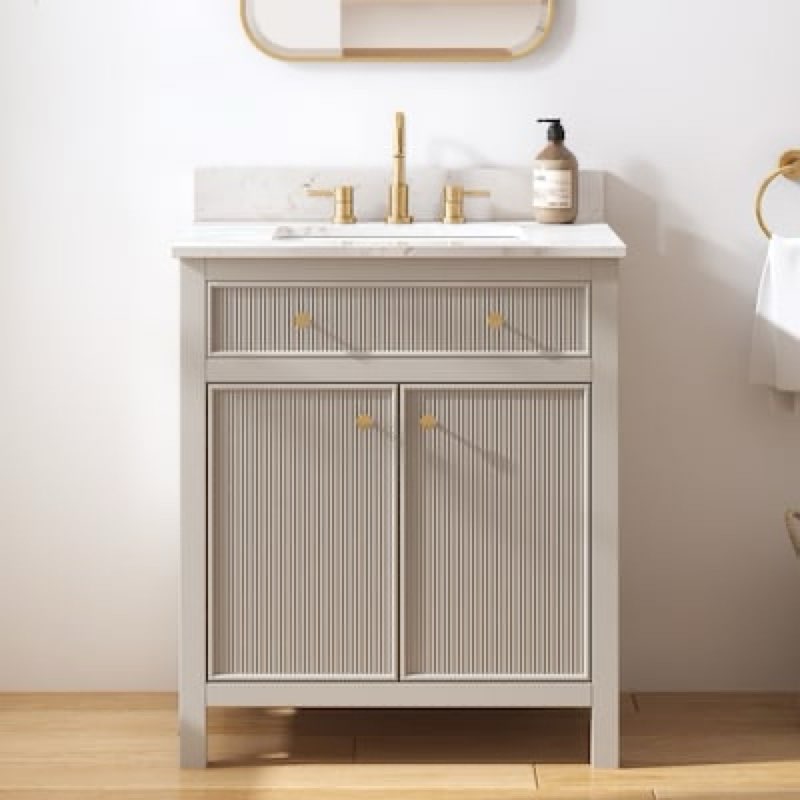 allen + roth Sandbanks 30-in Flaxen Greige Undermount Single Sink Bathroom Vanity with White Engineered Stone Top (Fully Assembled) Item #5471941 | Model #L23011-VS30-GE