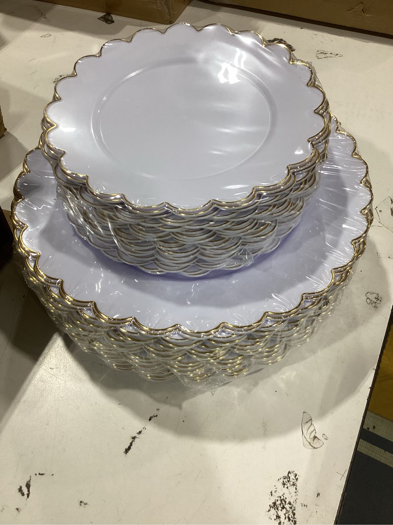 Condition photo showing Good Condition for liyh 60 pcs gold white plastic plates scalloped disposable combo includes 30 dessert & 30 dinner plates for monthers day birthday wedding party gold and white plates