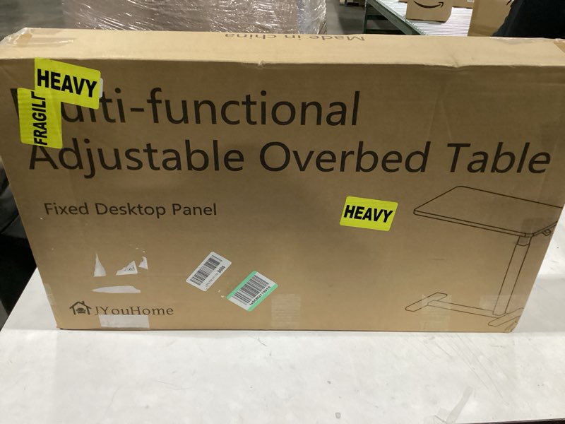 Condition photo showing New/Like New for JYouHome Overbed Table with Hidden Wheels, Height Adjustable Medical Bed Table Hospital Bedside Table, 28" W x 16" D Rolling Laptop Standing Desk for Home & Office, Walnut Brown Walnut Brown Fixed
