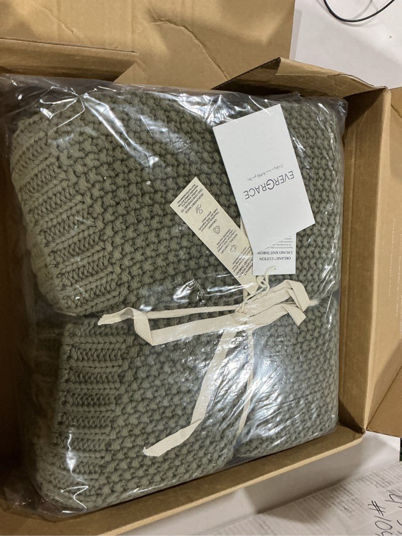 Condition photo showing Good Condition for evergrace organic cotton chunky knit throw blanket, 60 x 80 olive green | ocs certified organic cotton, seed stitch knit, soft & breathable, cozy midweight, decorative throw for couch, bed & sofa olive green twin (60" x 80")