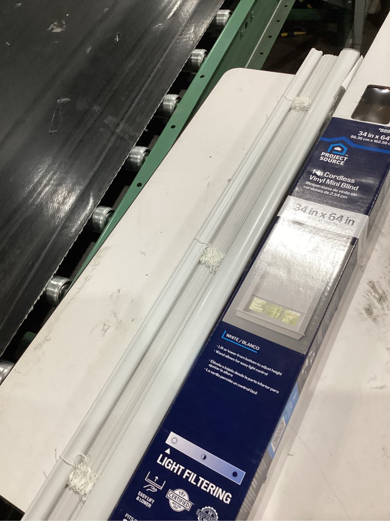 Condition photo showing As Is for Cordless Light Filtering Window Blinds, Horizontal Vinyl Mini Blinds/Shades, 1" Slats, Easy Install White 18"W x 64"H