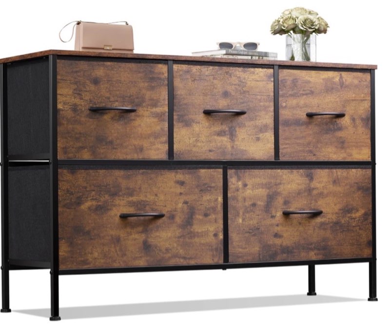 wlive dresser for bedroom with 5 drawers, long fabric dresser, storage drawer unit with fabric bins for closet, hallway, rustic brown wood grain print