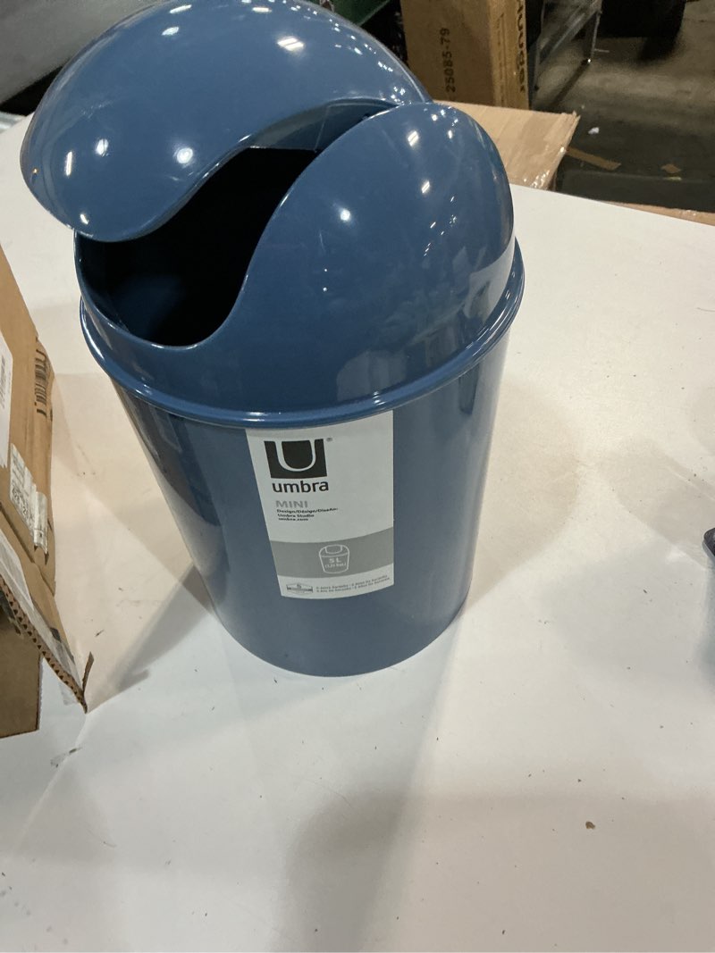 Condition photo showing Good Condition for Umbra 1.25 Gallon Mini Waste Can with Removable Swing-Top Lid - Small Garbage Bin for Kitchen, Bathroom, Bedroom, Office - Compact Trash Can Fit Under Tables & Counters - Blue