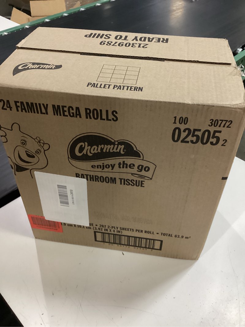 Condition photo showing New/Like New for charmin ultra soft cushiony touch toilet paper, 24 family mega = 123 regular rolls, white family mega 24 rolls (267 sheets)