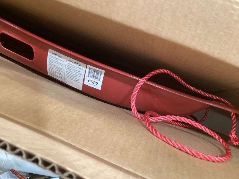 Condition photo showing Good Condition for retrospec retrorider plastic snow sled – toboggan style with pull rope, cold-resistant coating, and hard bottom for smooth downhill rides – available in 35" and 48" sizes for kids and adults single brrgundy 35"