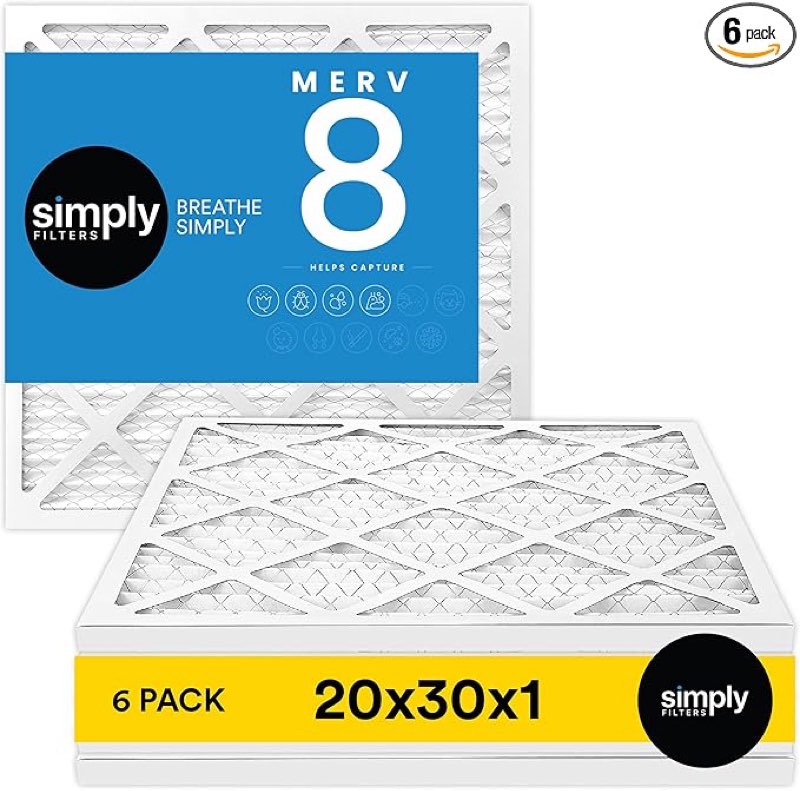 Simply 20x30x1 Air Filter, Merv 8, MPR 600, 6 Pack, For Home AC Furnace & HVAC (Actual Size: 19.875"x29.875"x0.75") DUST, Pet, & Allergy Control
