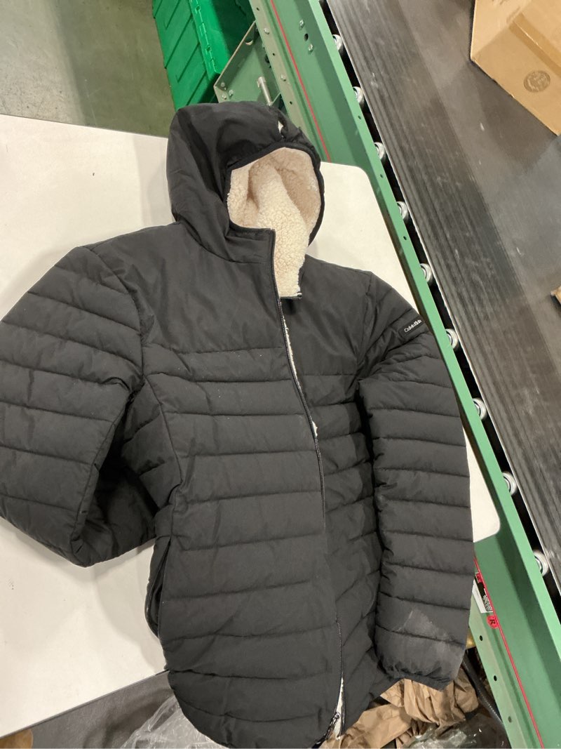 Condition photo showing As Is for Calvin Klein Men's Lightweight Packable Down Jacket With Fleece Bib and Removable Hood Large Hooded Down Ebony