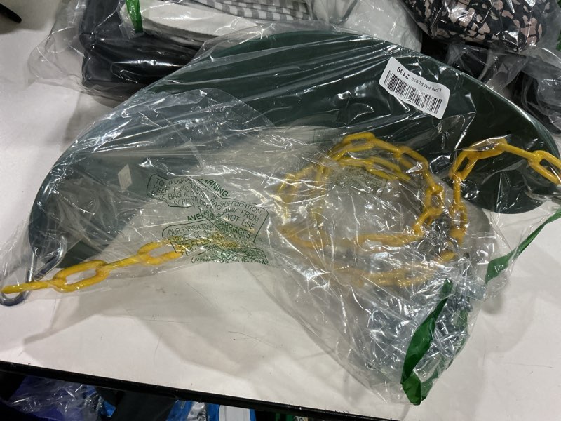 Condition photo showing Good Condition for turfee heavy duty swing seat green color with 66” chain, swing set accessories replacement with snap hooks for kids outdoor play playground