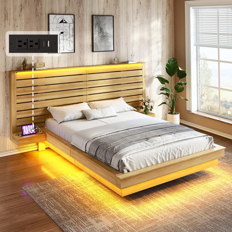 Widen Headboard Platform Bed With Bedside Stoage Table, Farmhouse Floating Bed Frame With Led Lights queen 