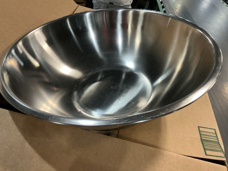 Condition photo showing As Is for winco heavy-duty mixing bowl, 16-quart, stainless steel 16 quart shallow/heavy duty
